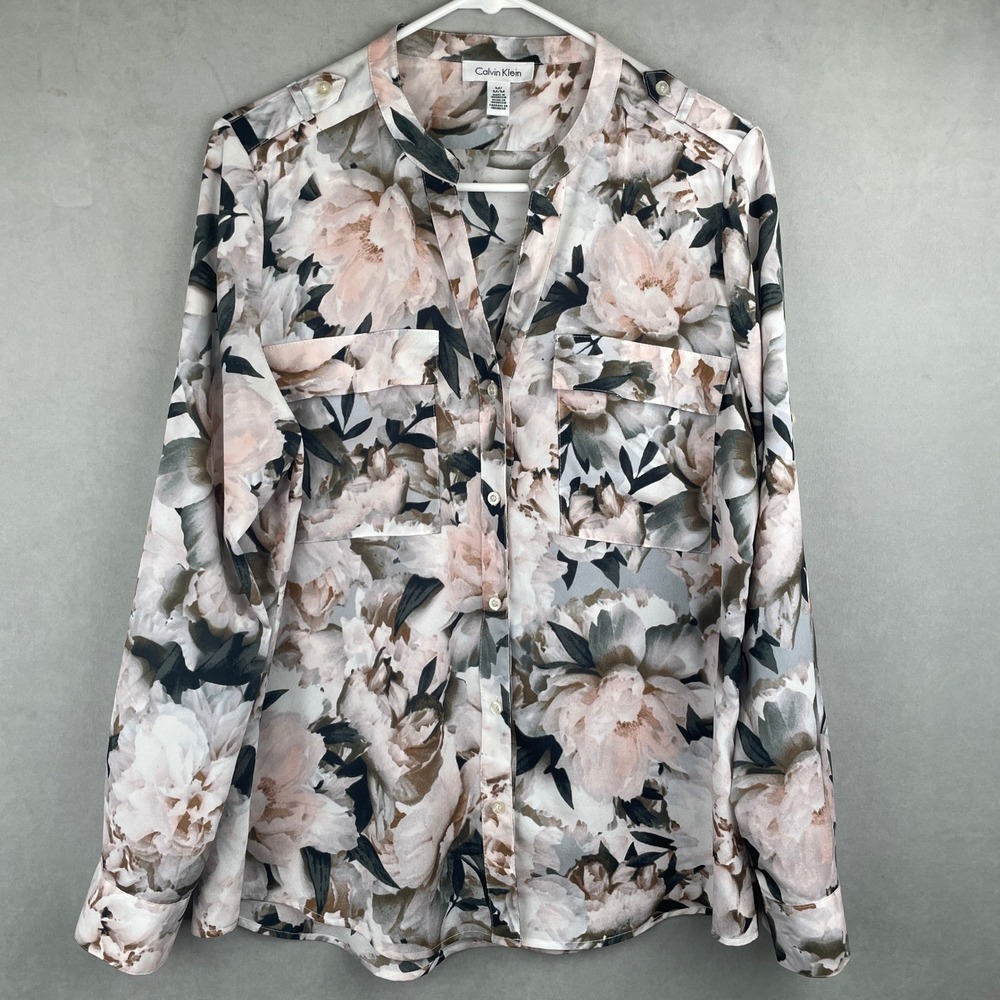 Calvin Klein Wmn Floral Peony Roll Tab Sleeve Utility Cottage Blouse Pink Grey M
